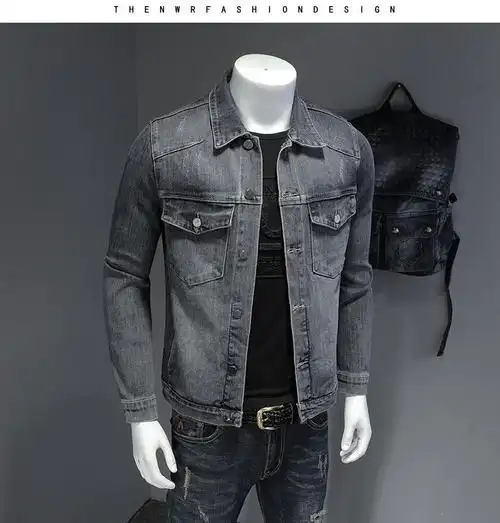 欧洲站男装2021秋季新款时尚休闲外套韩版青年帅气翻领牛仔服潮