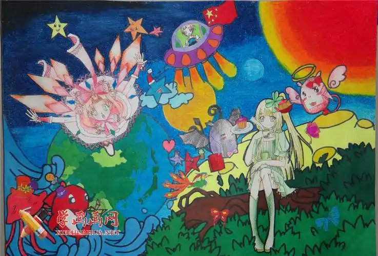 一等奖科幻画《和谐的世界》__科幻画_科幻画图片大全_学画画网_国内