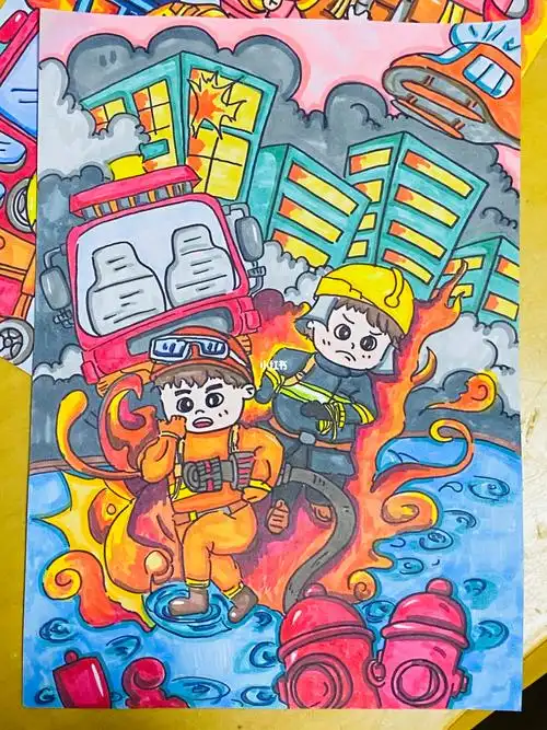 儿童画  #消防安全主题画  #消防员  #灭火  #消防安全绘画