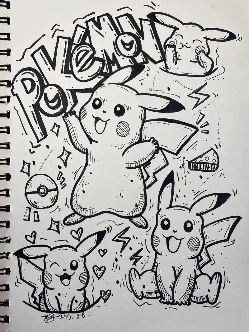 皮卡丘7315#简笔画 #一起学画画 #一学就会系列 #黑白线描 - 抖音