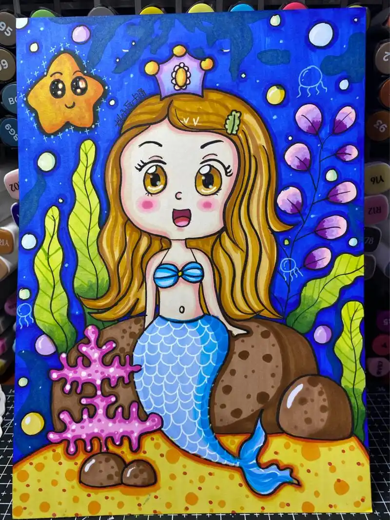 儿童画|《美人鱼》|马克笔过程 临摹美人鱼  纸:a5荷兰白卡 勾线笔