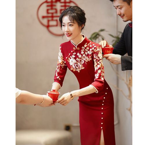 妈妈装加厚真丝刺绣旗袍喜婆婆婚礼旗袍裙婚宴服中款袖七分袖旗袍