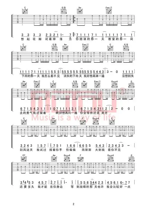 周杰伦晴天包含说唱部分高度还原木头吉他屋c调弹唱吉他谱