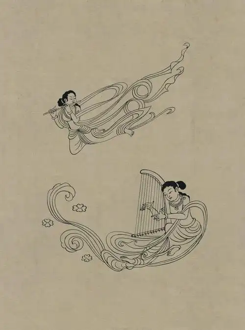 0144_佛像_敦煌莫高窟壁画线描人物稿01-莫高窟55窟西夏飞天伎乐_3704