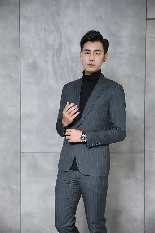 秋冬新款新郎礼服男士西服套装修身潮流条纹休闲新郎结婚礼服英伦风