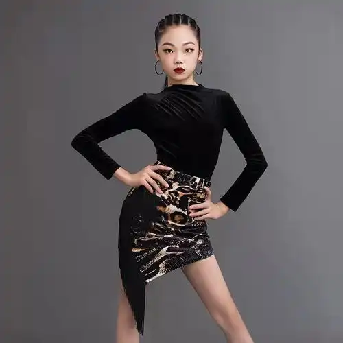 贝蒂冬季拉丁舞服装2021年新款学生练功服女儿童黑色豹纹流苏裙舞蹈服