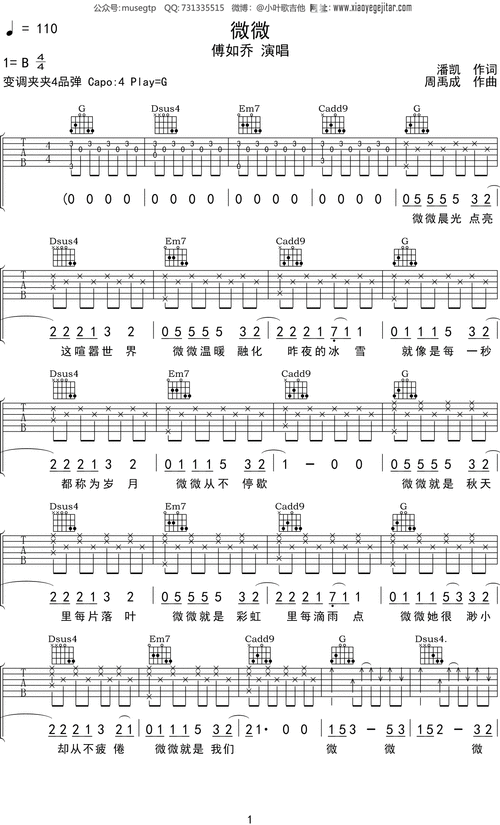 傅如乔微微吉他谱g调吉他弹唱谱