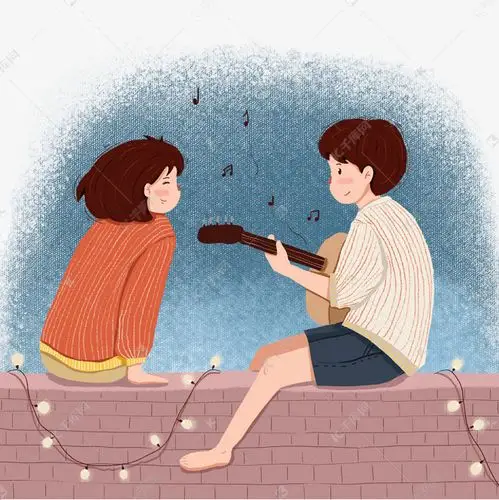 卡通七夕男女弹吉他恩爱图