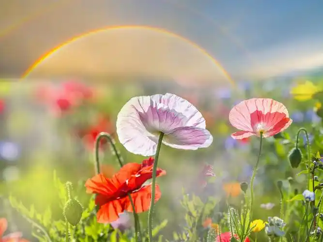 夏天,罂粟花,粉色和红色的花朵,彩虹 壁纸