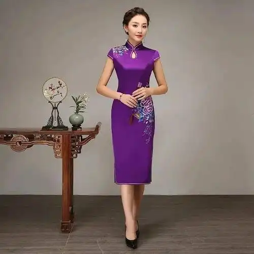 桑蚕丝贵族紫定制旗袍,典雅,大气
