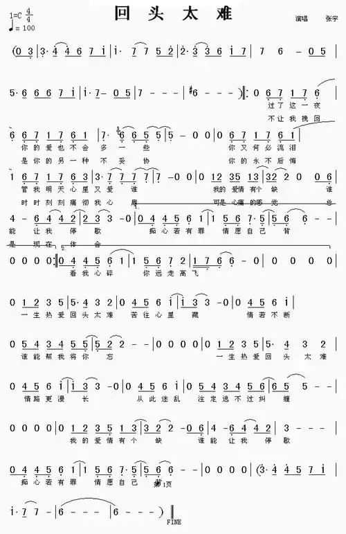 【歌曲简谱】 回头太难 (张宇)
