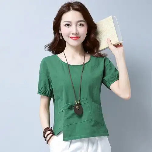 大码棉麻短袖t恤女夏装文艺显瘦休闲百搭上衣亚麻短款体恤小衫潮