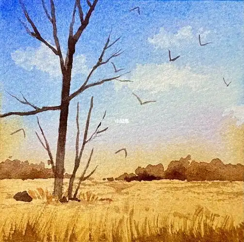 水彩风景|凉爽的秋日原野 入门图文教程_水彩画_教程_临摹_风景_阴影