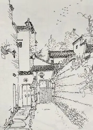 白描山水画,民居图例