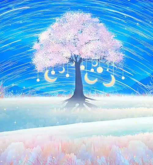 夜晚的星空下流星划过草地上有一棵挂着月亮装饰品的樱花树插画图片
