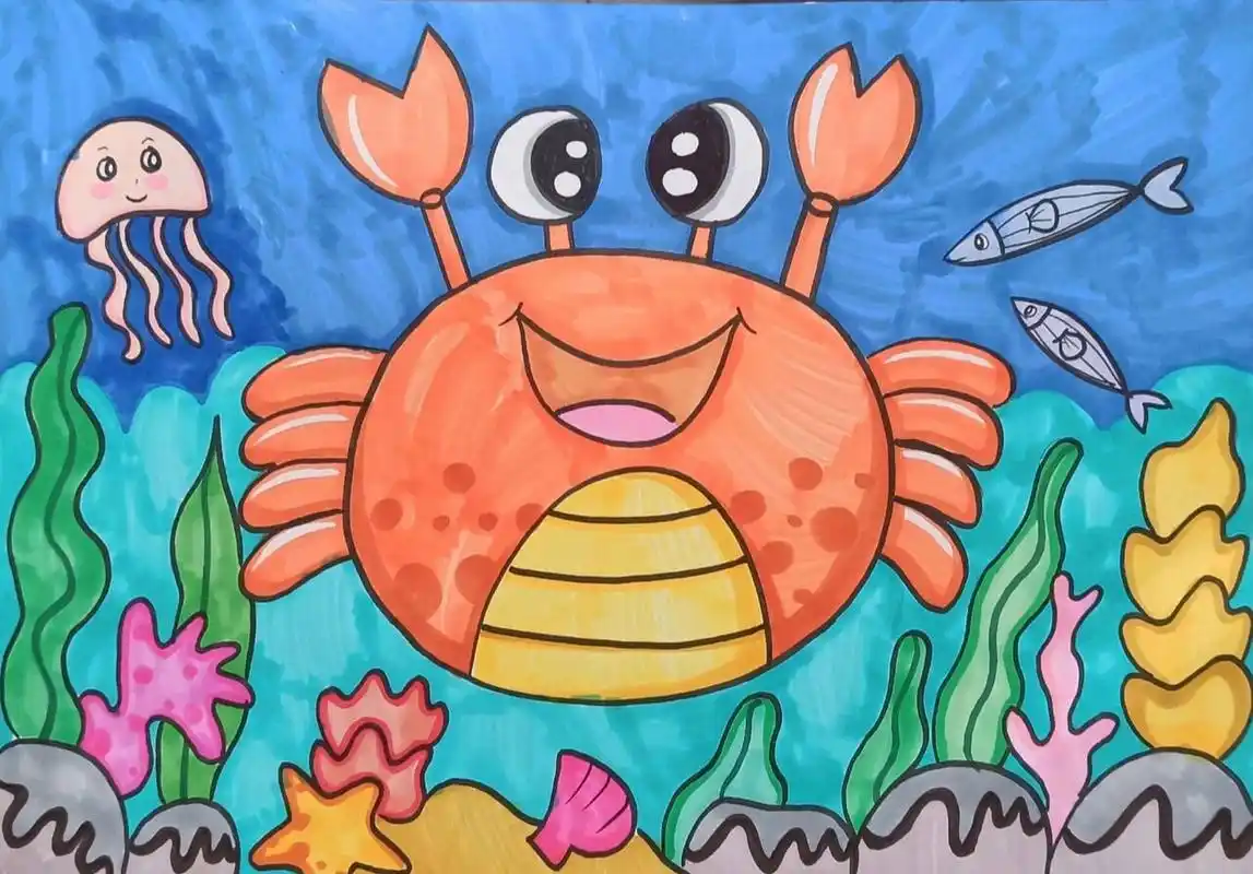 儿童画(海底世界)附线稿        小螃蟹简笔画 儿童画海底世界