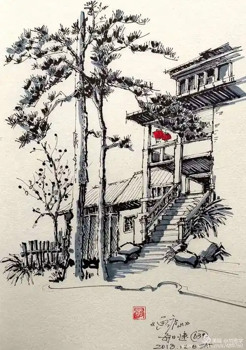 《18》 写美篇【我的小画】60 速写《18》 描绘的是庐山的小景 庐山其