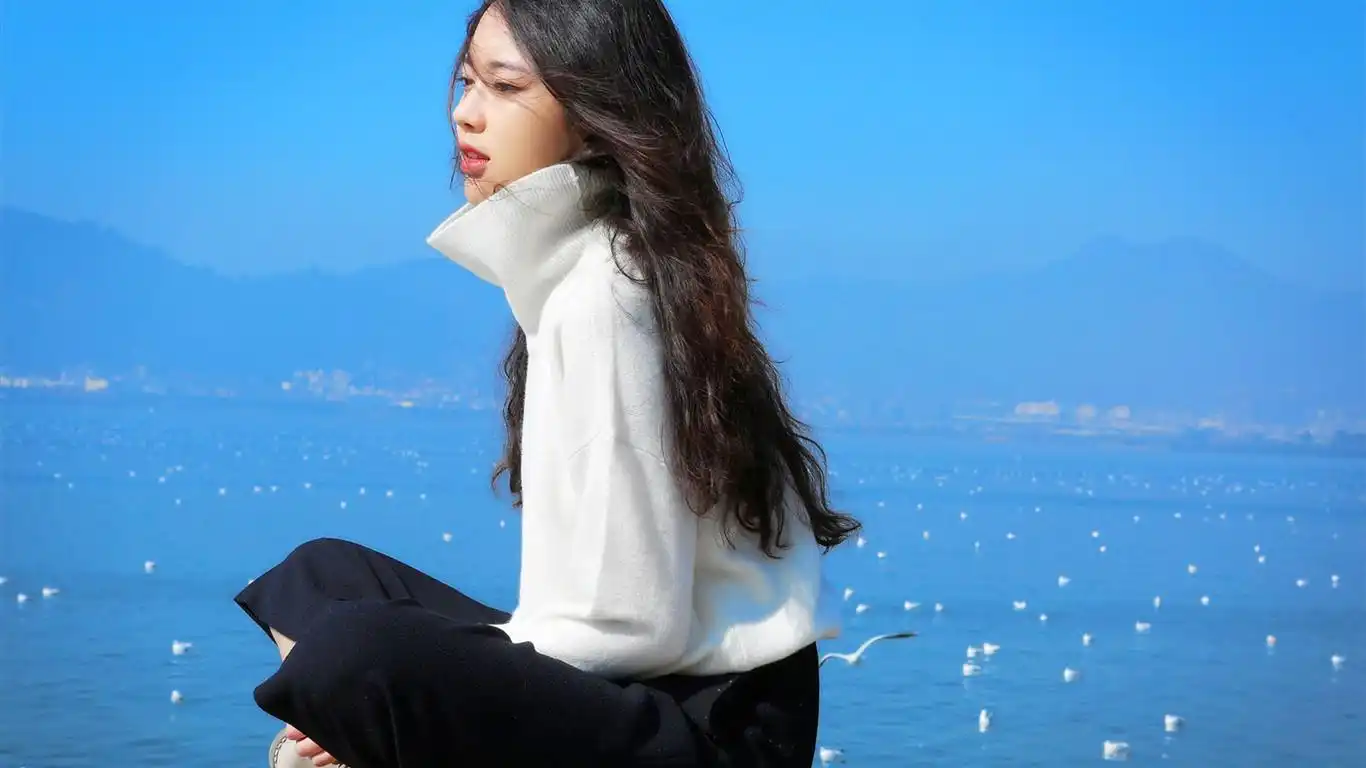 美女与海鸥清新唯美写真桌面壁纸