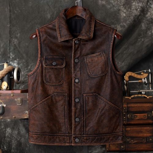 璇醇阿美咔叽头层牛皮皮夹克男真皮美式工装马甲石磨做旧皮衣皮背心