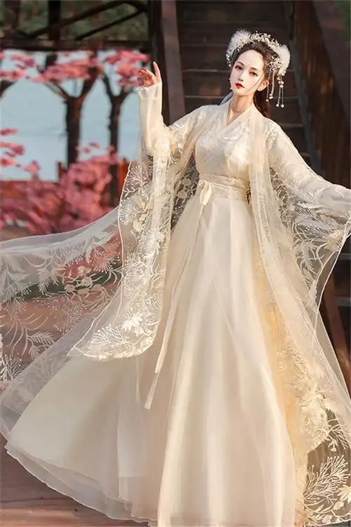 汉服荟原创汉服女古装夏蕾丝绣花超仙中国风襦裙民族舞蹈演出服装