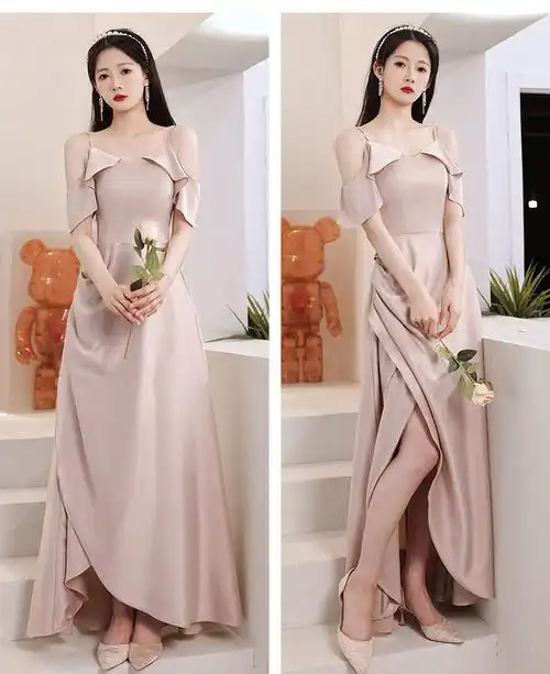 粉色缎面伴娘服2022新款姐妹团春季吊带小个子宴会晚礼服平时可穿