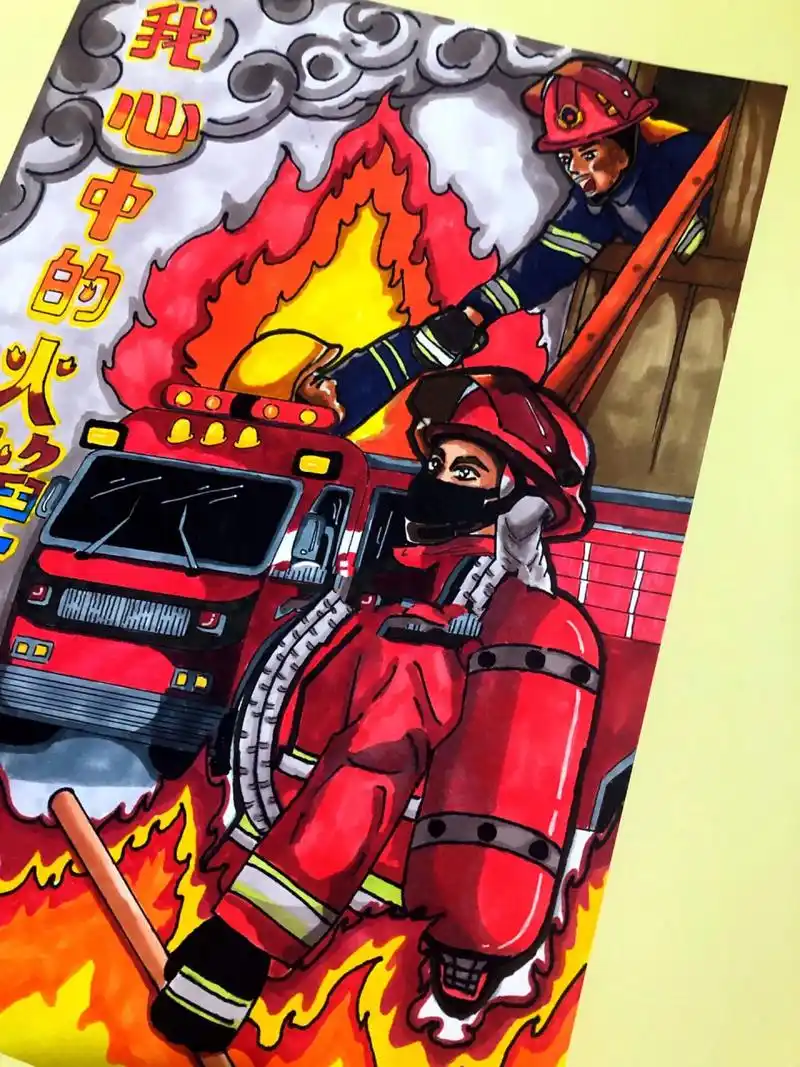 消防大主题 我心中的火焰蓝 以火海英雄形象为主体 写实风格 原创手绘