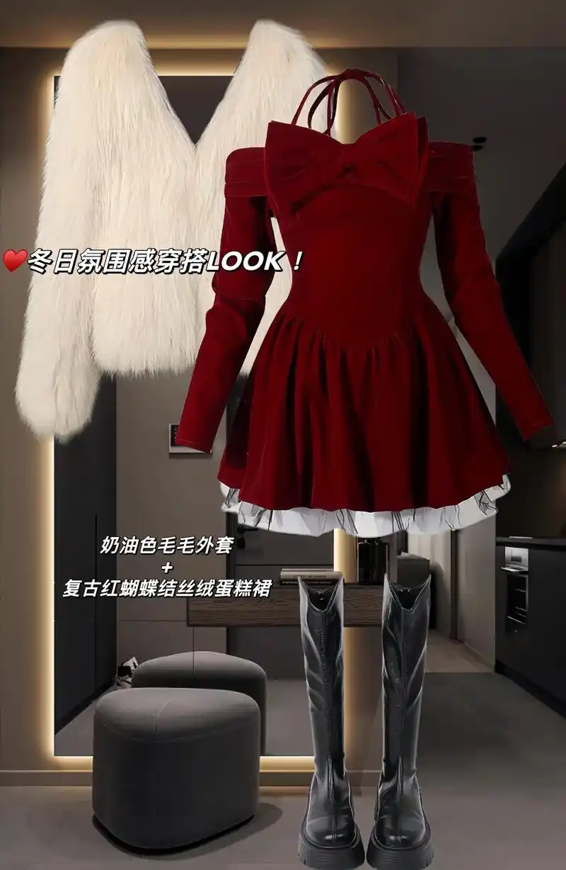 ootd|人见人爱的微醺复古红90.奶油色毛毛外套 复古红丝 - 抖音