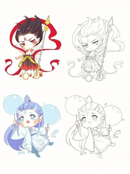 q版哪吒敖丙黑白线稿彩图线稿临摹素材