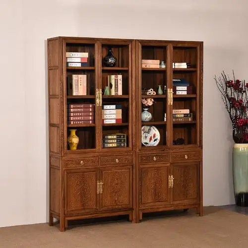 书柜实木书架红木柜子鸡翅木玻璃展示柜带门中式单个书柜