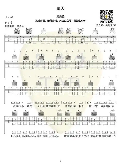 《晴天》吉他谱 - 酷玩吉他