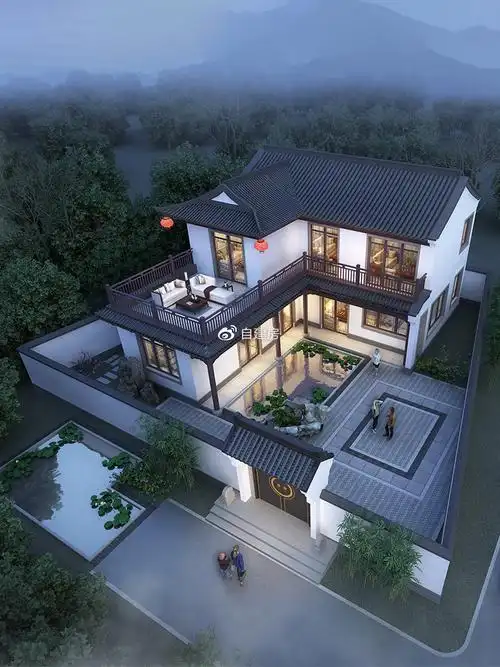 新中式农村自建房二层别墅设计图纸中式合院乡村房屋l形带院子