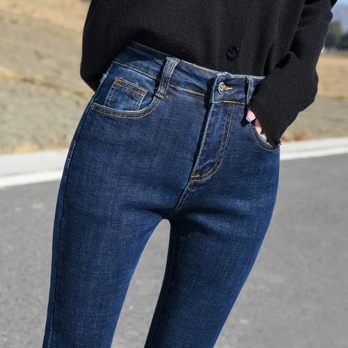 轻奢深蓝色牛仔裤女高腰2021年秋冬加绒外穿弹力显瘦小脚紧身长裤九分