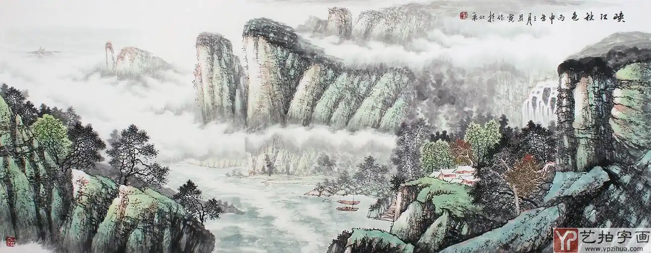山水名家周升寅六尺横幅山水画《峡江秋色》