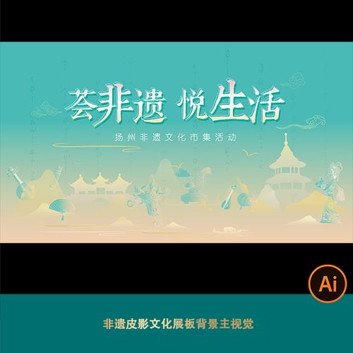 非遗文化节活动展板背景主视觉皮影折扇乐器琵琶山水海报ai格式