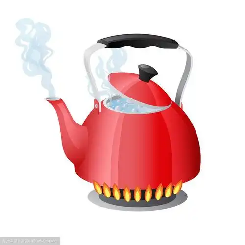 厨房炉子上的红水壶和沸水