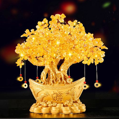 黄水晶元宝摇钱树摆件发财树家居酒柜装饰品客厅工艺品开业电