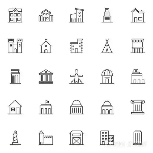 地标和建筑轮廓图标设置. 线性符号收集线标志包. 矢量图形.