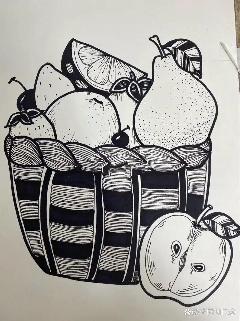 少儿美术|线描20|剪贴画|水果篮子04 【3】《鲜果一筐》 工具:方形