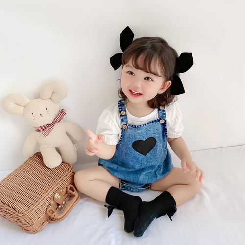 夏季韩版婴儿可爱爱心弹力软牛仔背带裤宝宝时尚洋气包屁连体哈衣