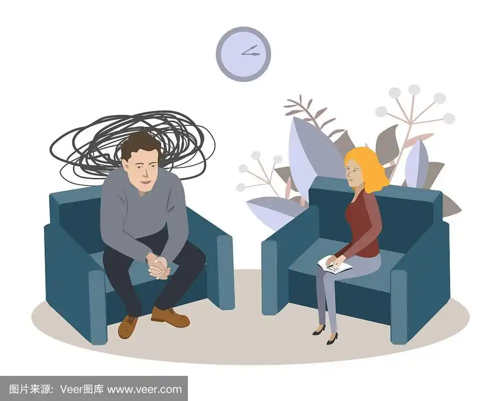 矢量卡通插图的心理治疗.抑郁中的男人和女性心理学家.