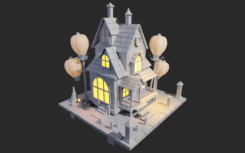 【3dmax场景建模】卡通房子模型布线卡线,场景模型渲染