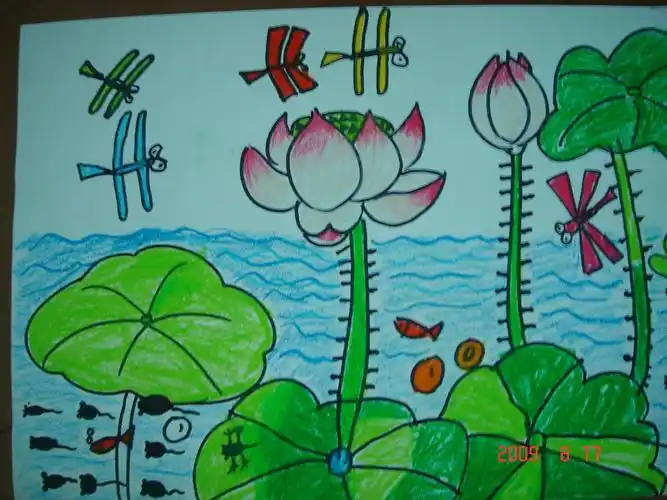 夏天荷塘儿童画-荷塘风光