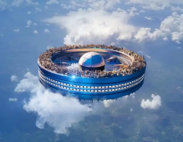 在高空悬挂的车轮结构上的未来天空城市的3d说明,用于科幻建筑或电子