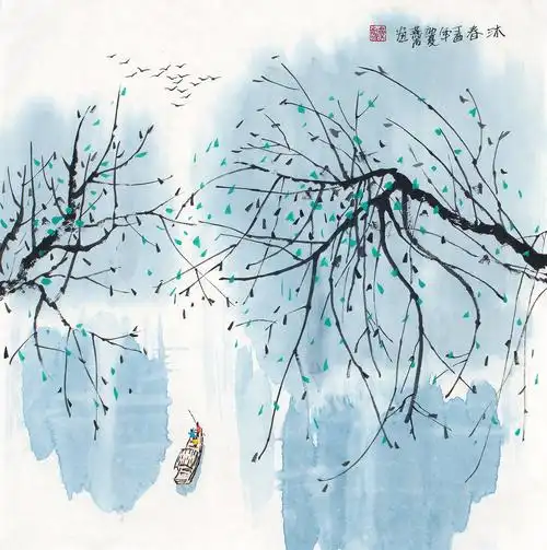 刘燕声写意山水画作品《沐春》68x68cm刘燕声写意山水画作品《沐春》