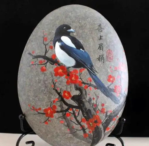 喜上眉梢摆件手绘喜鹊石头画吉祥如意摆件