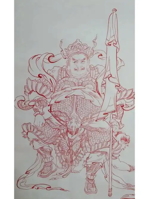 手绘工笔白描四尺三开朱墨勾勒《四大天王》