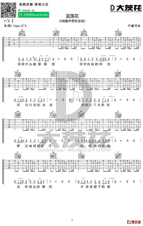 蓝莲花吉他谱 g调女生版 许巍1