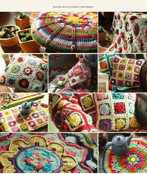 手工钩花毯子 森女纯钩织毯毛线钩花拼色撞色立体花朵毯子 沙发靠背巾