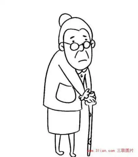 卡通老人拄拐棍简笔画