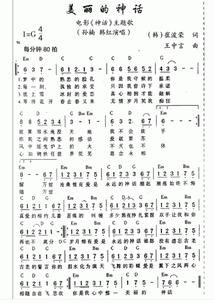 求 帮忙找一下 美丽的神话 简单谱
